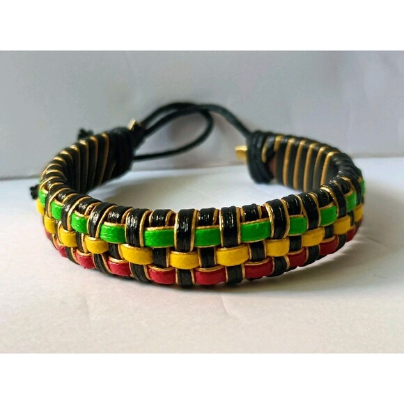 Leather Jamaica Bracelet Brown Woven Adjustable Unisex - Picture 1 of 3